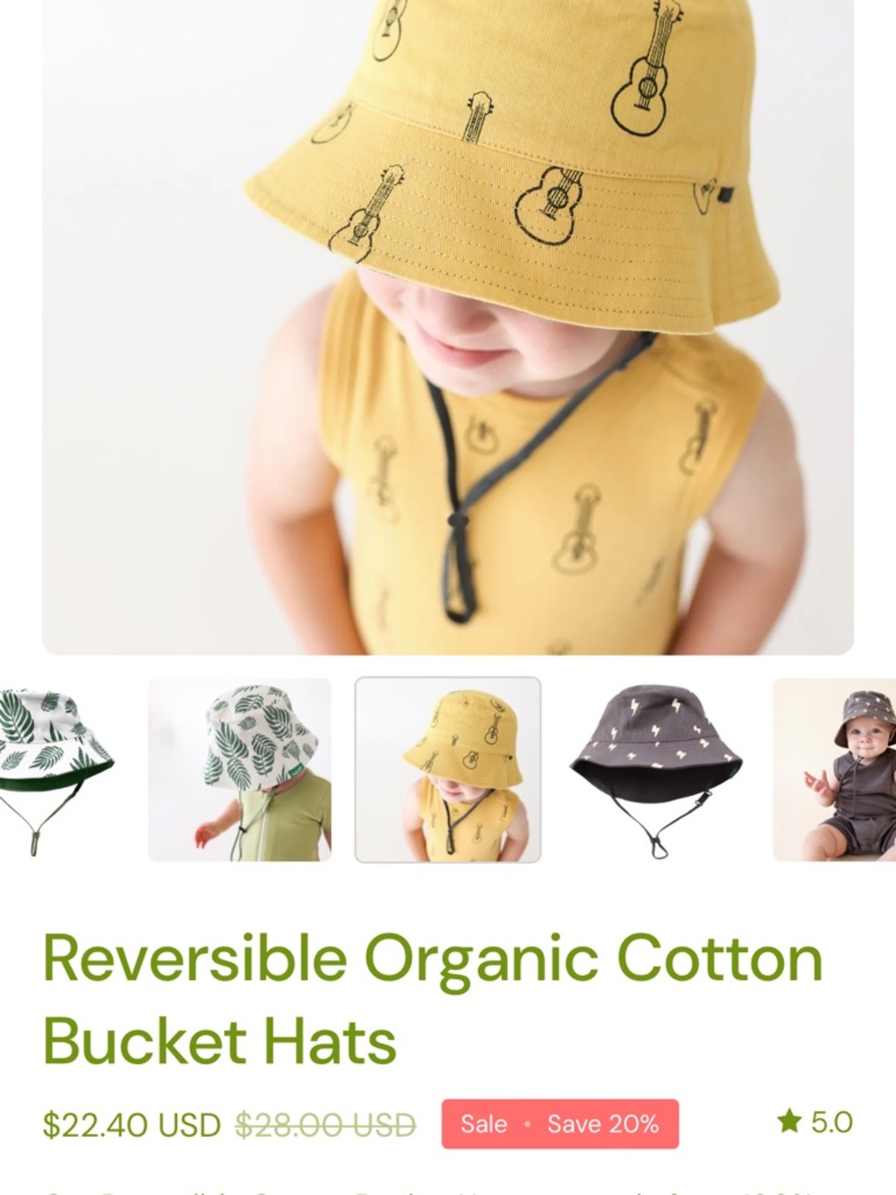 Reversible Kids Organic Cotton Bucket Hat in Yellow and Gray with Guitar Print